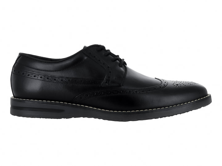 Zapato formal Oxford de cuero negro con detalles perforados tipo brogue y agujetas negras.