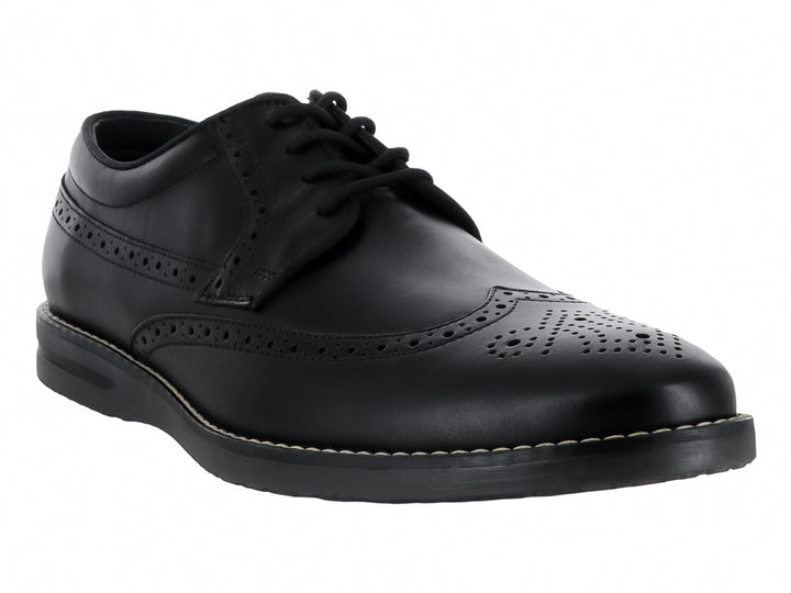 Zapato formal Oxford de cuero negro con detalles perforados tipo brogue y agujetas negras.