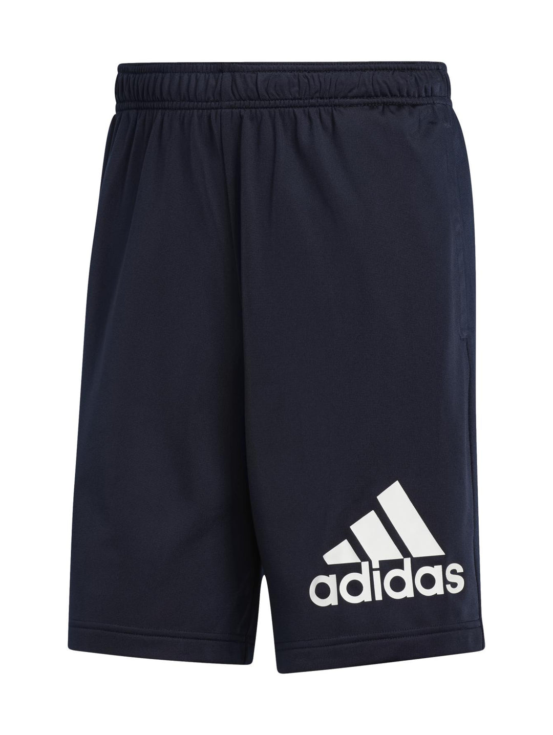 Shorts deportivos Adidas color azul marino con logotipo grande en color blanco en la pierna izquierda.