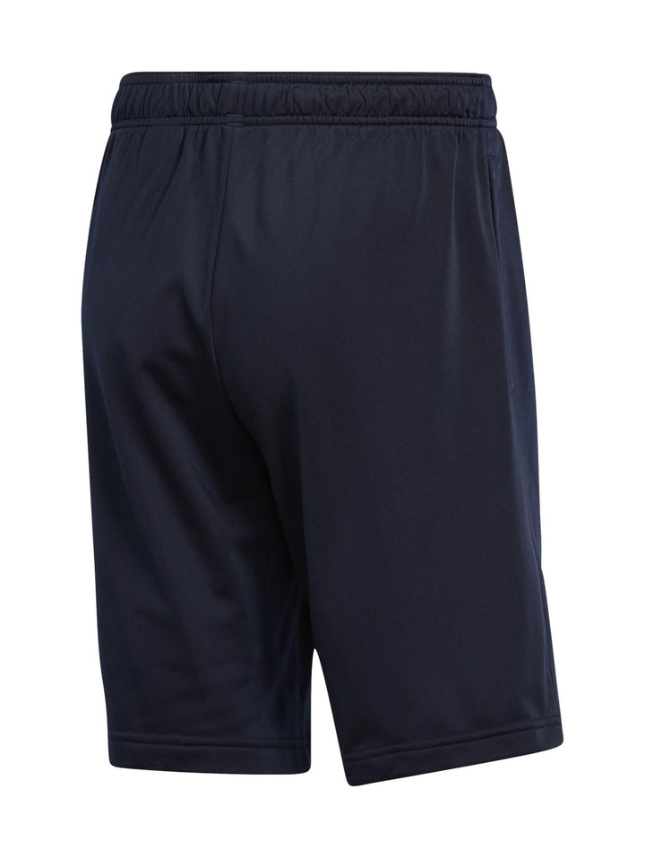 Shorts deportivos Adidas color azul marino con logotipo grande en color blanco en la pierna izquierda.