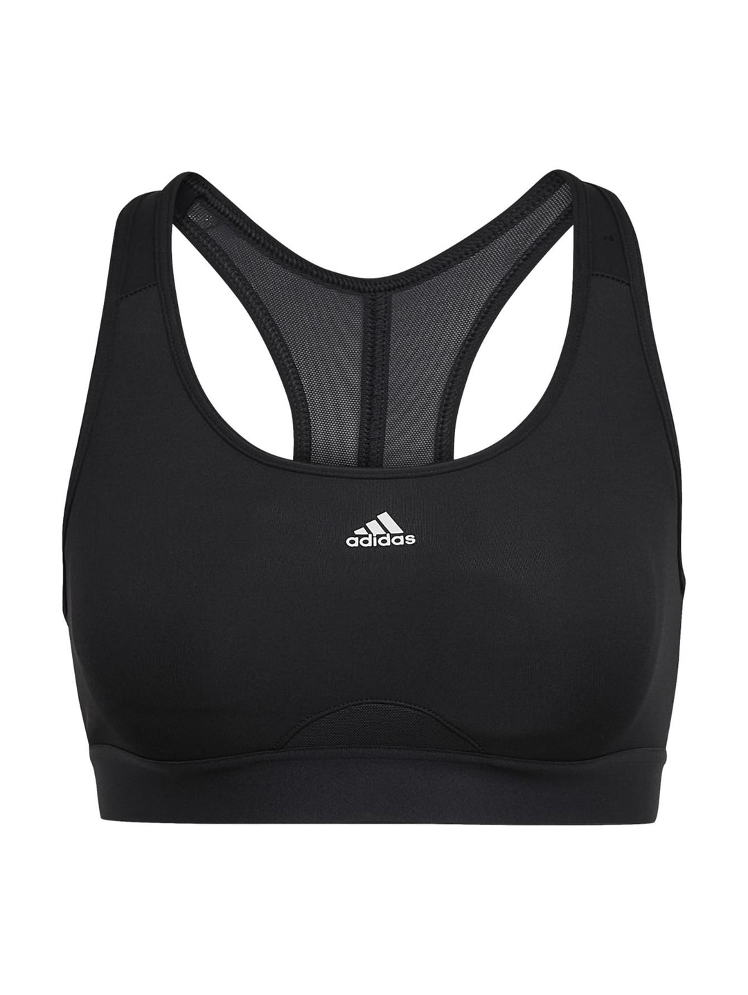 Mujer vistiendo un top deportivo corto color negro de la marca Adidas.