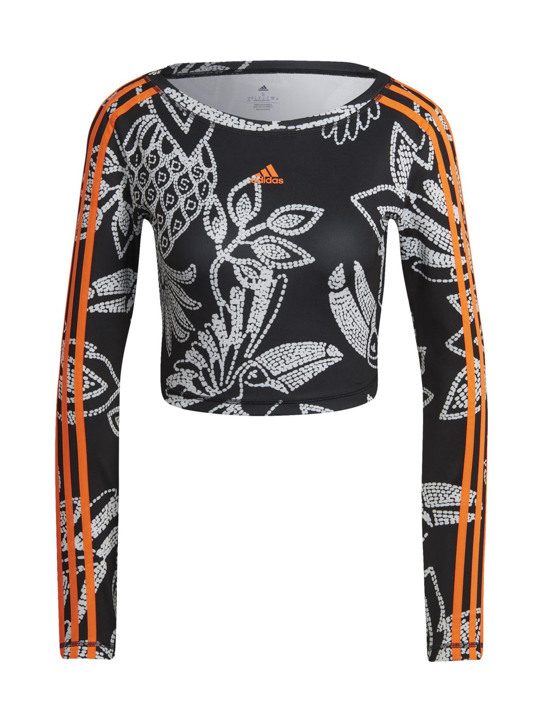 Crop top deportivo Adidas de manga larga en color negro con estampado blanco y franjas naranjas.