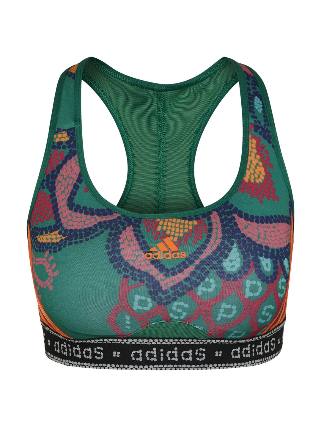 Conjunto deportivo Adidas de mujer en color verde con estampados multicolores y detalles en naranja.