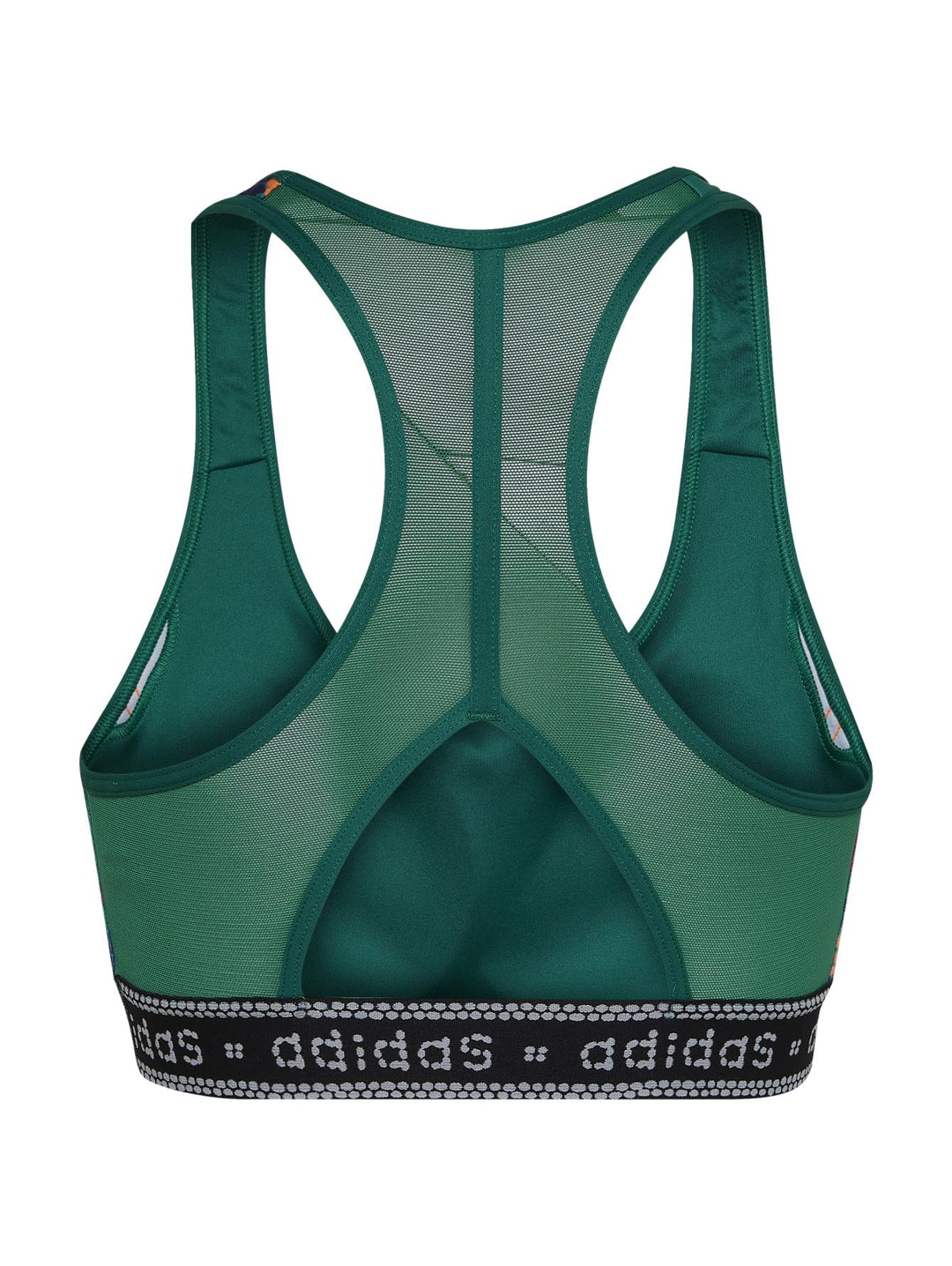 Conjunto deportivo Adidas de mujer en color verde con estampados multicolores y detalles en naranja.