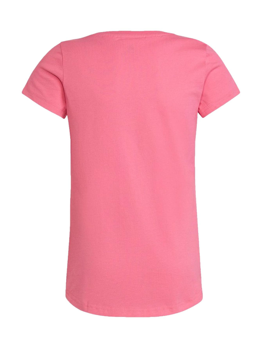 Niña vistiendo playera Adidas color magenta con texto morado &