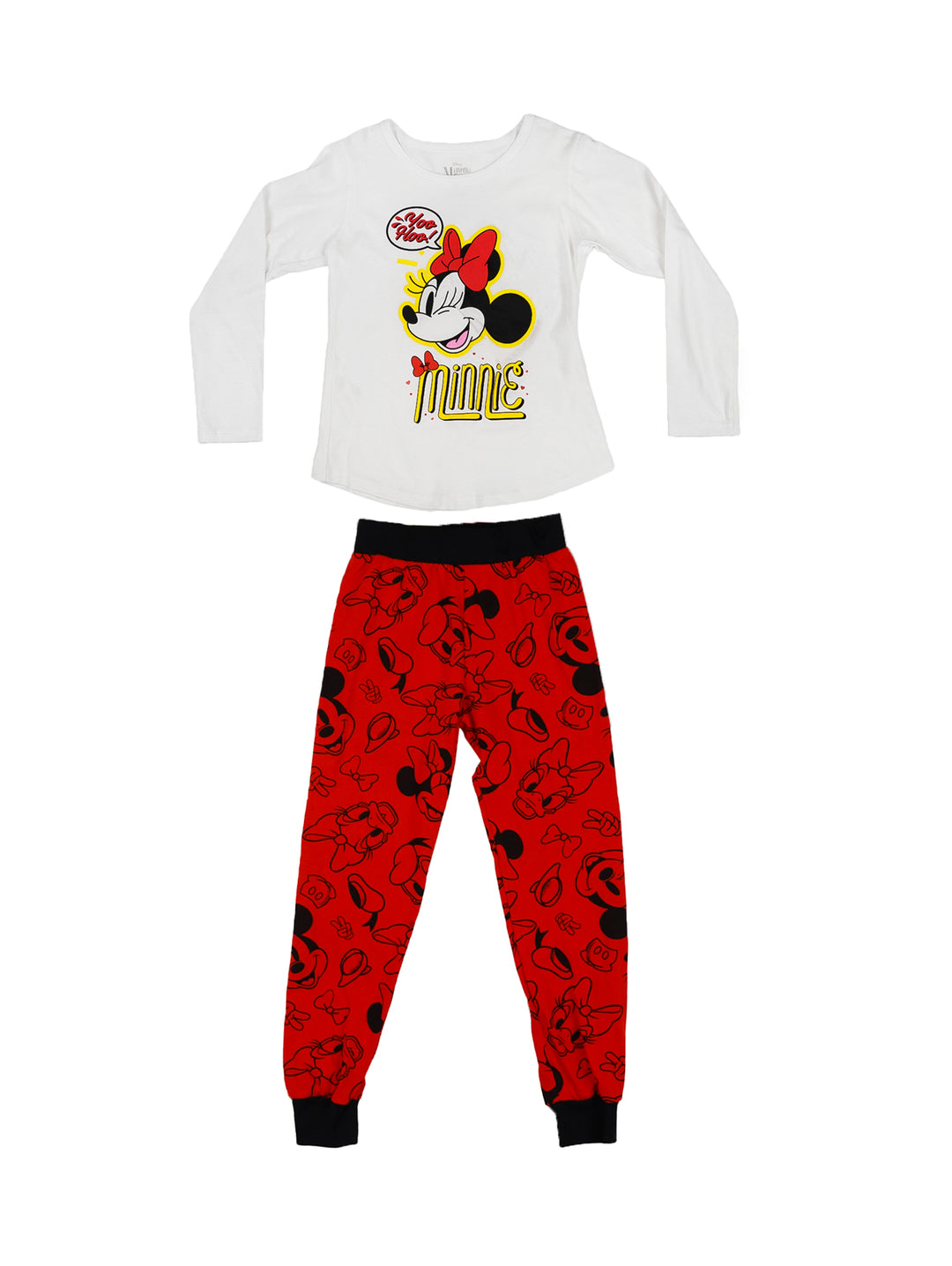 Pijama de dos piezas para Niña con camiseta blanca de Minnie Mouse y pantalón rojo estampado.