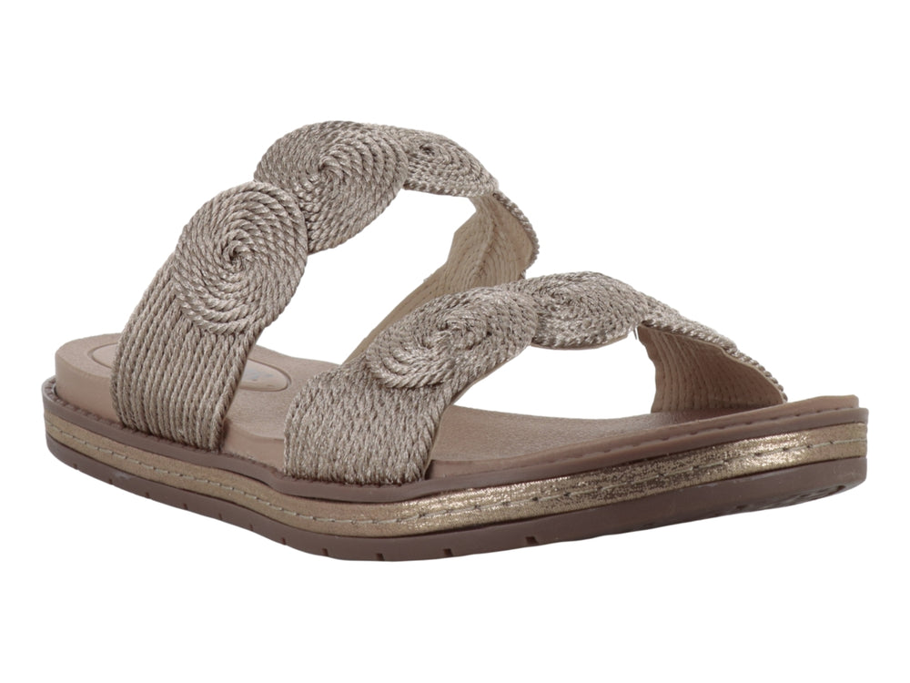 Sandalias color bronce para mujer con tiras de textil tejido y detalles circulares decorativos.