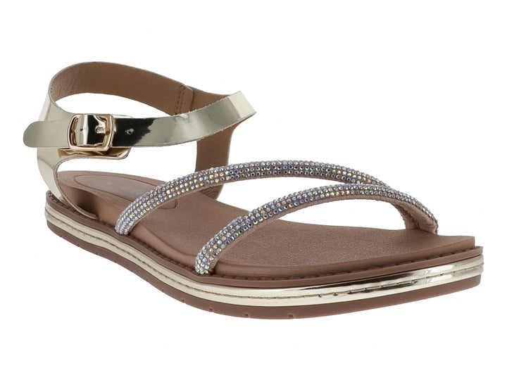 Sandalia plana color oro inglés con tiras decoradas con brillos y correa ajustable al tobillo para Mujer.