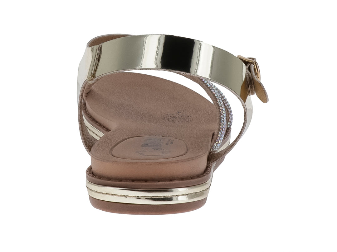 Sandalia plana color oro inglés con tiras decoradas con brillos y correa ajustable al tobillo para Mujer.