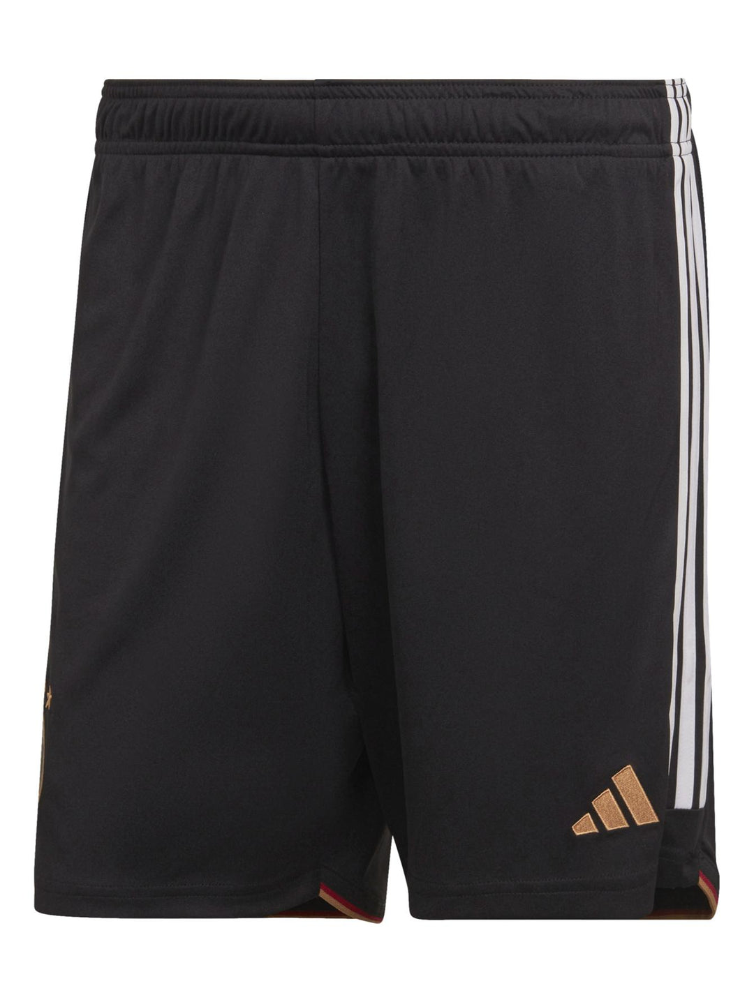 Shorts deportivos negros de Adidas con rayas blancas laterales y escudo de la selección de Alemania.