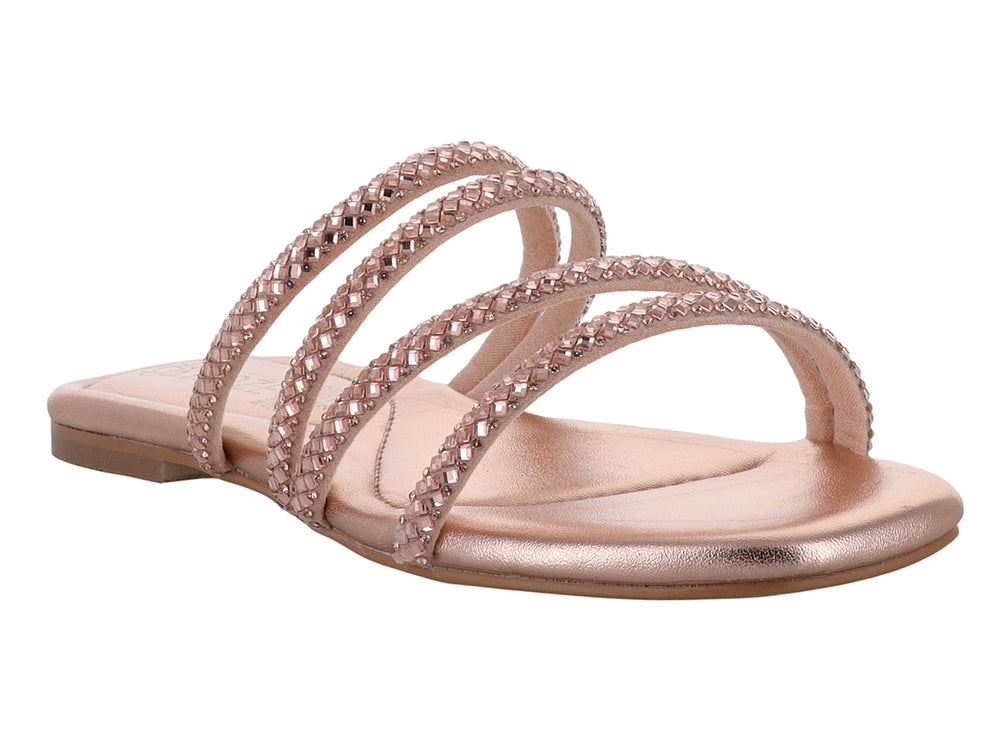 Sandalia plana color oro rosado con tiras decoradas con brillos.