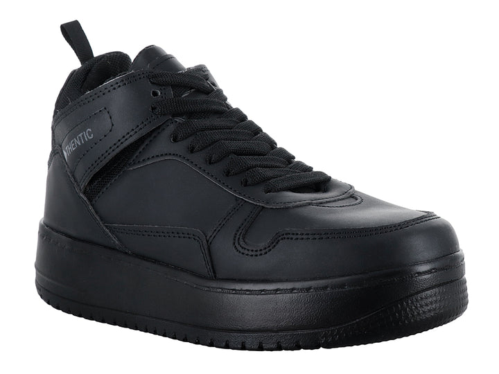 Tenis urbanos color negro marca THENTIC con agujetas y correa lateral.