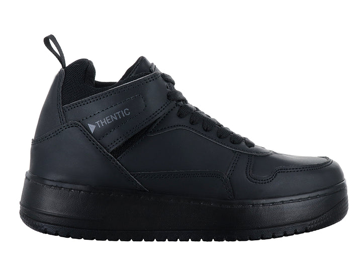 Tenis urbanos color negro marca THENTIC con agujetas y correa lateral.