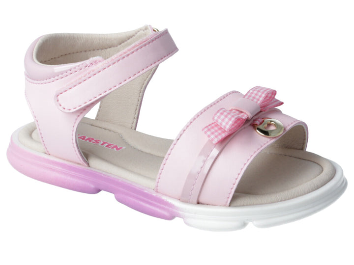 Sandalia rosa para niña con moño decorativo y suela blanca y rosa.
