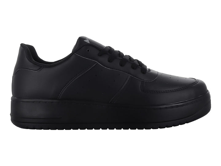 Tenis casuales color negro total con suela ancha y cordones, marca THENTIC.