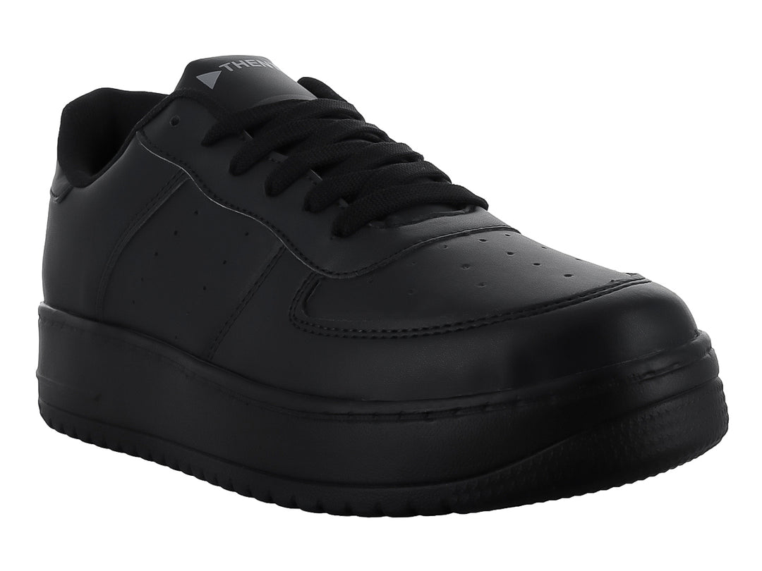 Tenis casuales color negro total con suela ancha y cordones, marca THENTIC.