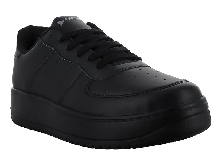 Tenis casuales color negro total con suela ancha y cordones, marca THENTIC.