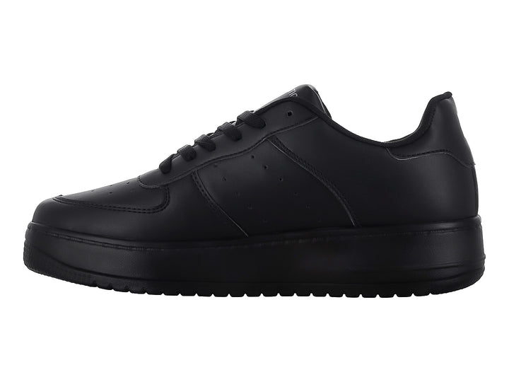Tenis casuales color negro total con suela ancha y cordones, marca THENTIC.