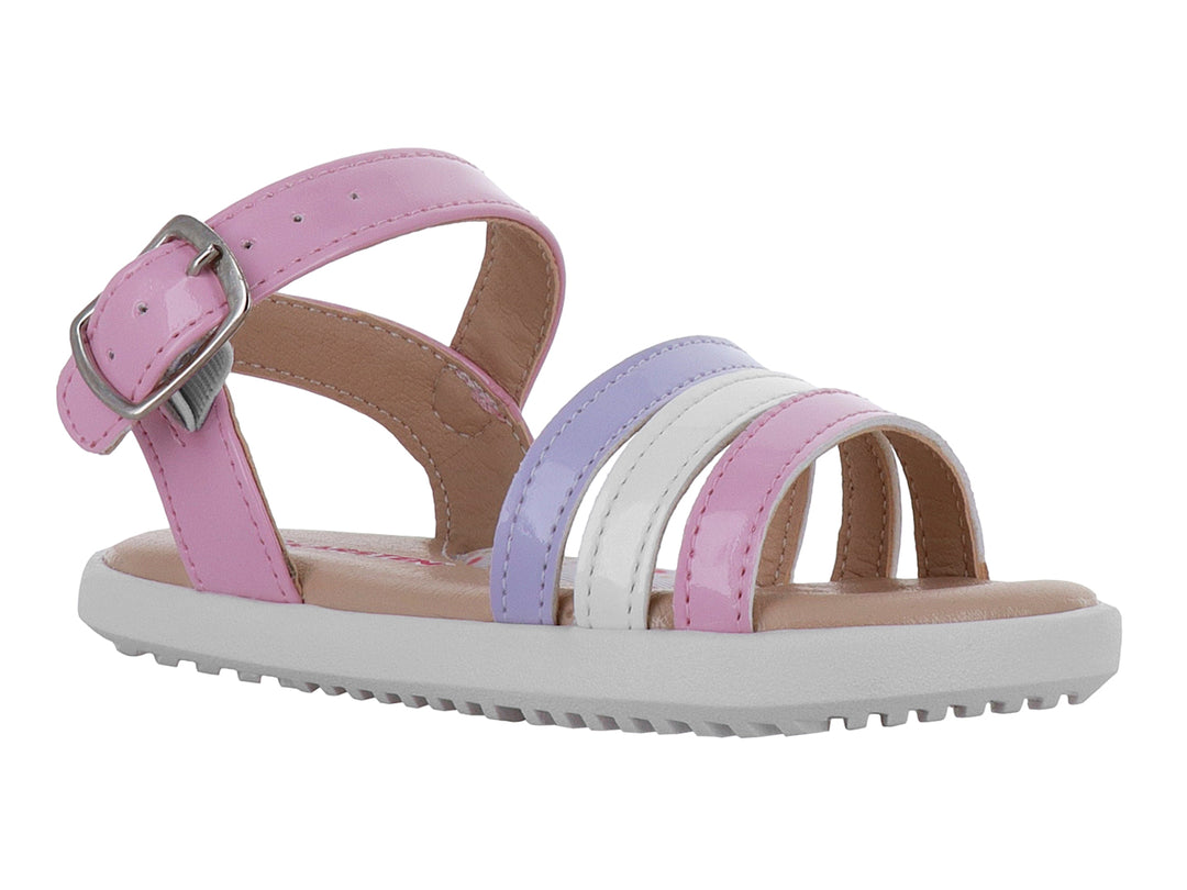 Sandalia para niña de marca Karsten en colores rosa, blanco y morado con cierre de hebilla y suela blanca.