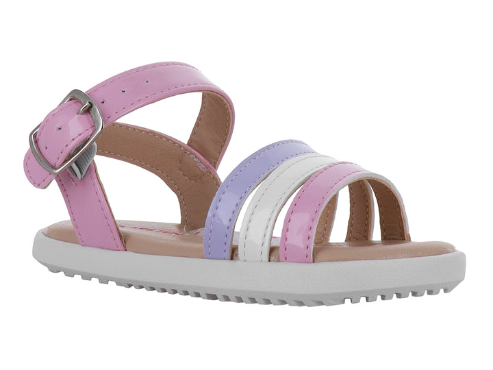 Sandalia para niña de marca Karsten en colores rosa, blanco y morado con cierre de hebilla y suela blanca.
