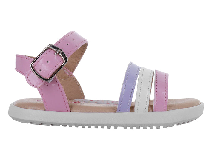 Sandalia para niña de marca Karsten en colores rosa, blanco y morado con cierre de hebilla y suela blanca.