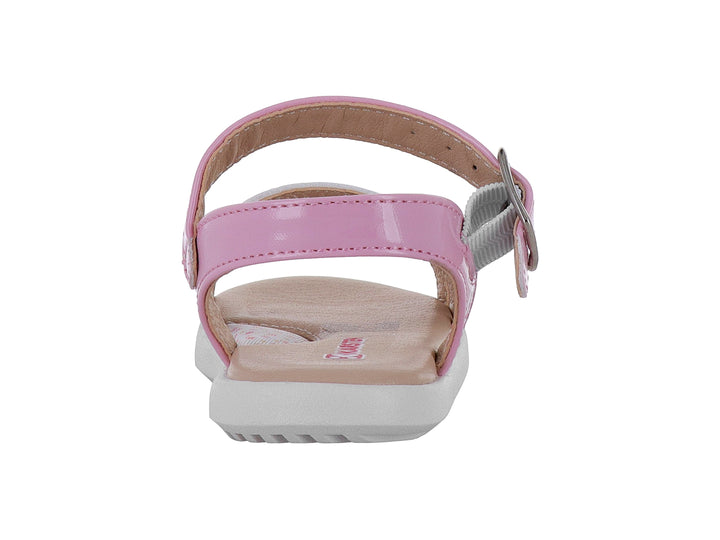 Sandalia para niña de marca Karsten en colores rosa, blanco y morado con cierre de hebilla y suela blanca.