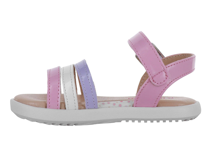 Sandalia para niña de marca Karsten en colores rosa, blanco y morado con cierre de hebilla y suela blanca.