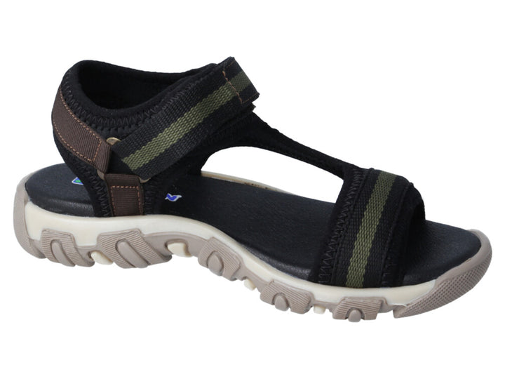 Sandalia infantil Karsten color negro con detalles en verde oliva y suela beige.