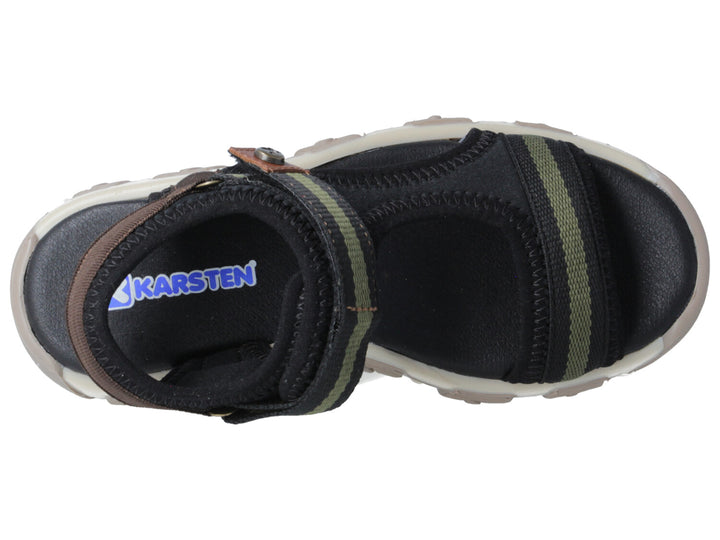 Sandalia infantil Karsten color negro con detalles en verde oliva y suela beige.