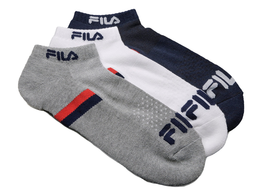 Paquete de tres pares de calcetines FILA en colores gris, blanco y azul marino.