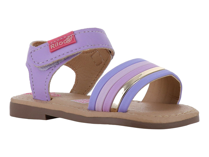 Sandalia plana para bebé color lila con tiras combinadas y correa de velcro.