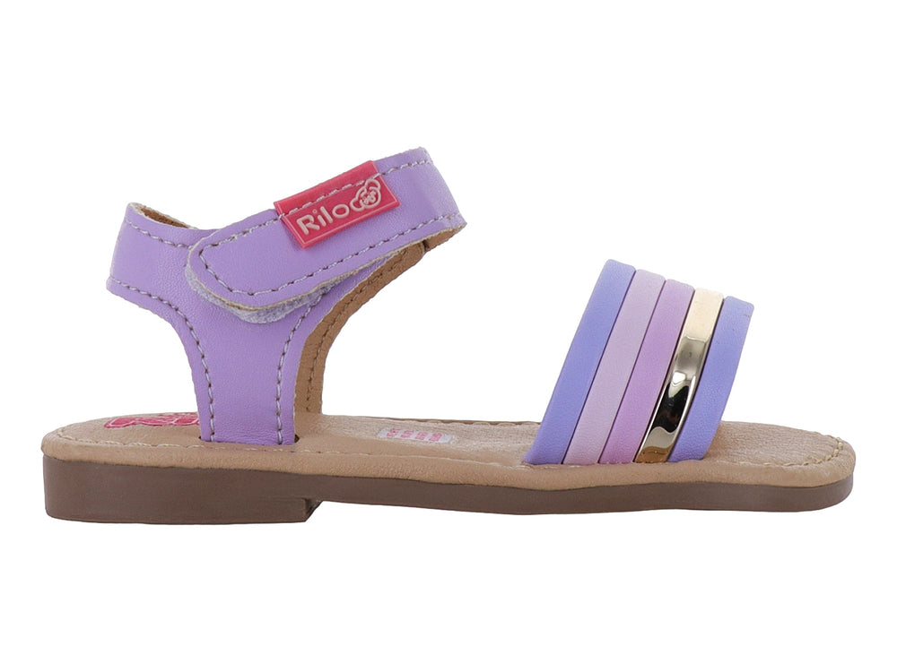Sandalia plana para bebé color lila con tiras combinadas y correa de velcro.