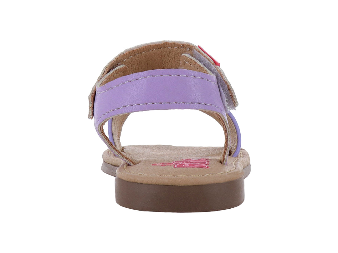 Sandalia plana para bebé color lila con tiras combinadas y correa de velcro.