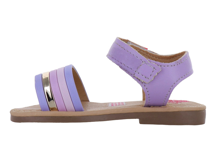 Sandalia plana para bebé color lila con tiras combinadas y correa de velcro.