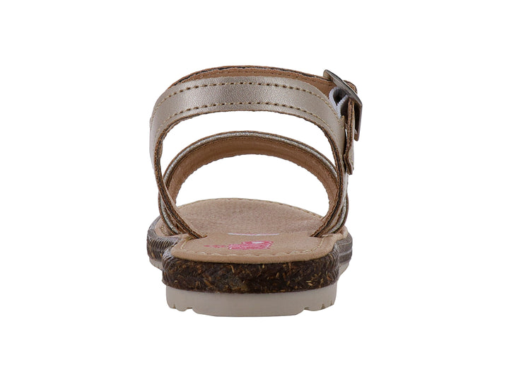 Sandalia infantil color oro con suela de corcho y correa ajustable al tobillo.