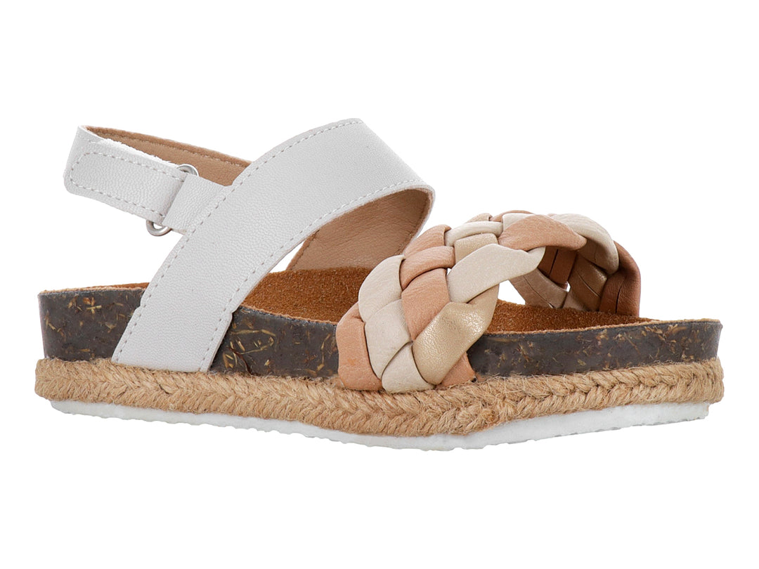 Sandalia para Niña con correa blanca y trenzado beige, suela de corcho y esparto.