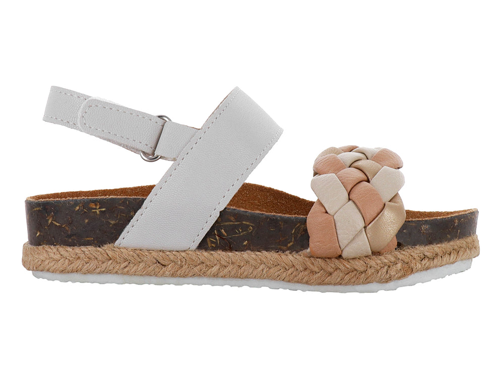Sandalia para Niña con correa blanca y trenzado beige, suela de corcho y esparto.