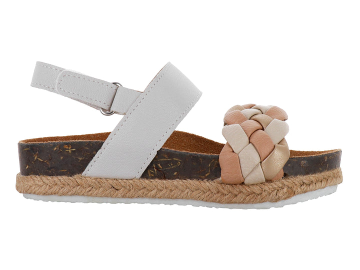 Sandalia para Niña con correa blanca y trenzado beige, suela de corcho y esparto.