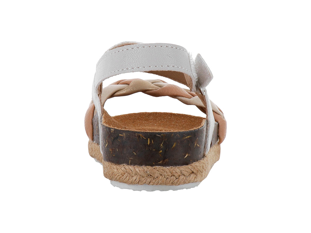 Sandalia para Niña con correa blanca y trenzado beige, suela de corcho y esparto.