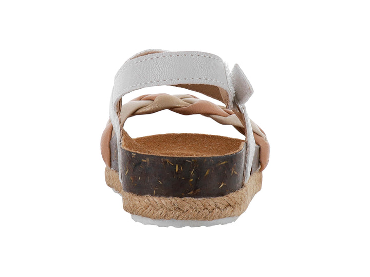 Sandalia para Niña con correa blanca y trenzado beige, suela de corcho y esparto.