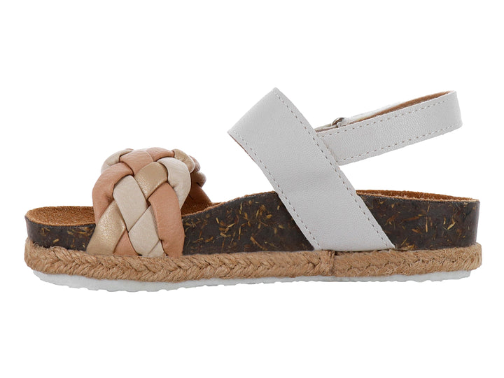 Sandalia para Niña con correa blanca y trenzado beige, suela de corcho y esparto.