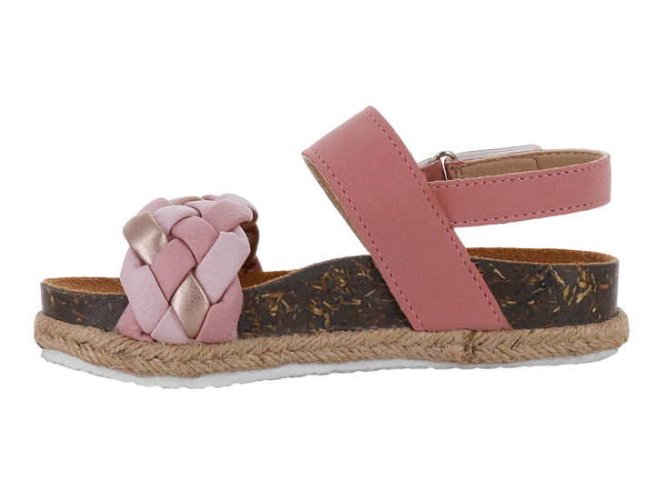 Sandalia rosa para niña con tira frontal trenzada y suela de corcho y esparto.