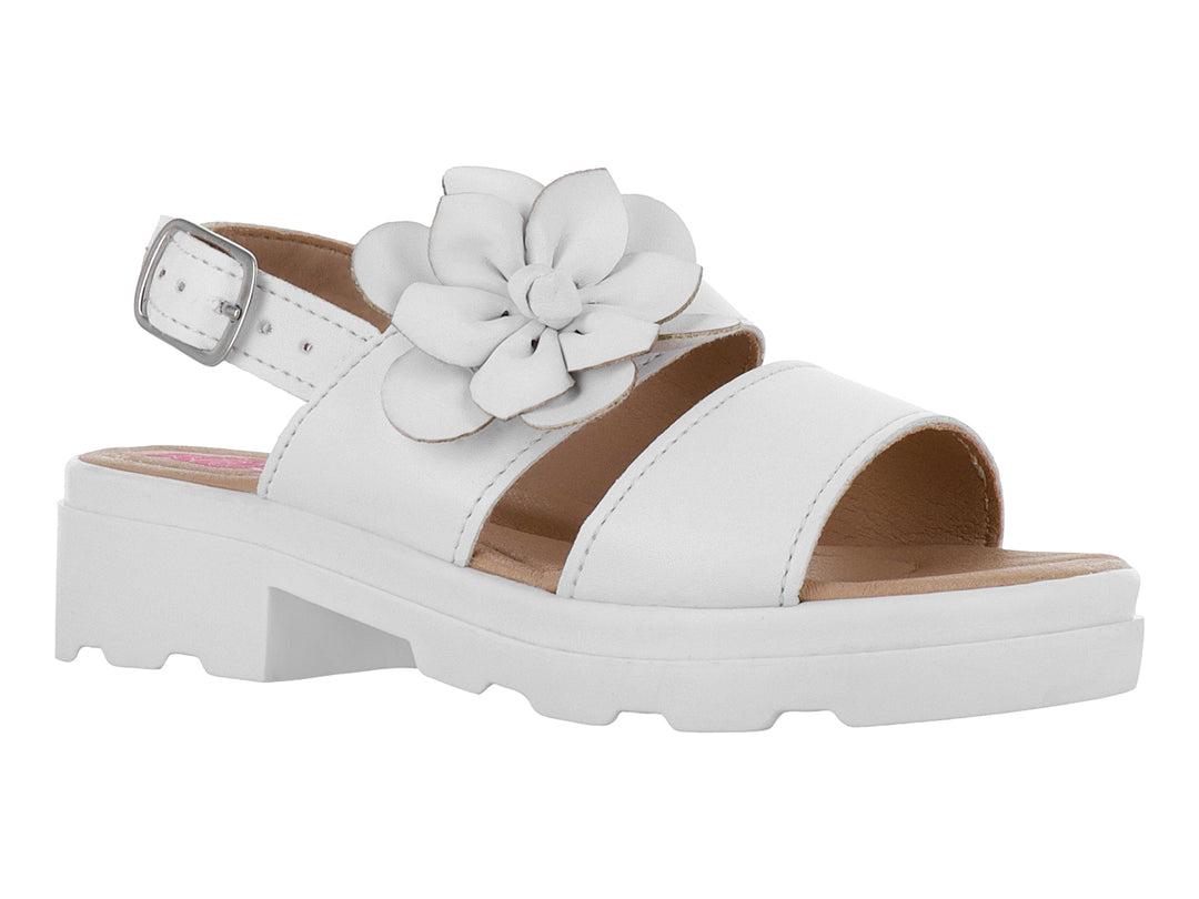 Sandalia blanca tipo sueco con adorno de flor frontal y suela track blanca.