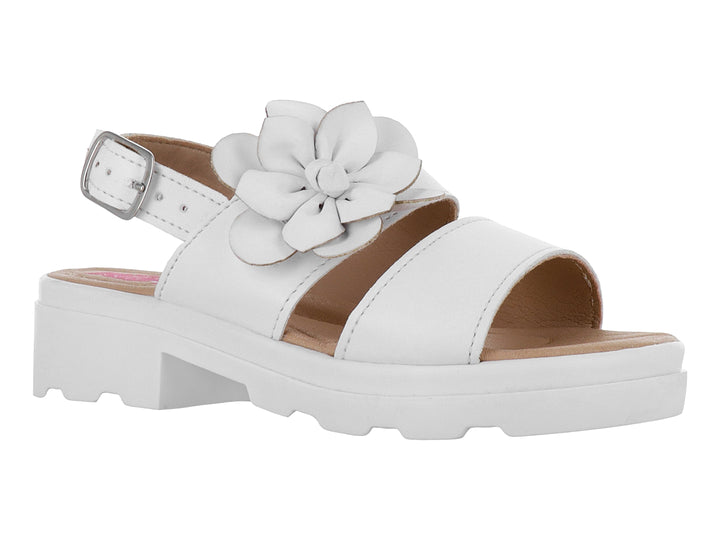 Sandalia blanca tipo sueco con adorno de flor frontal y suela track blanca.