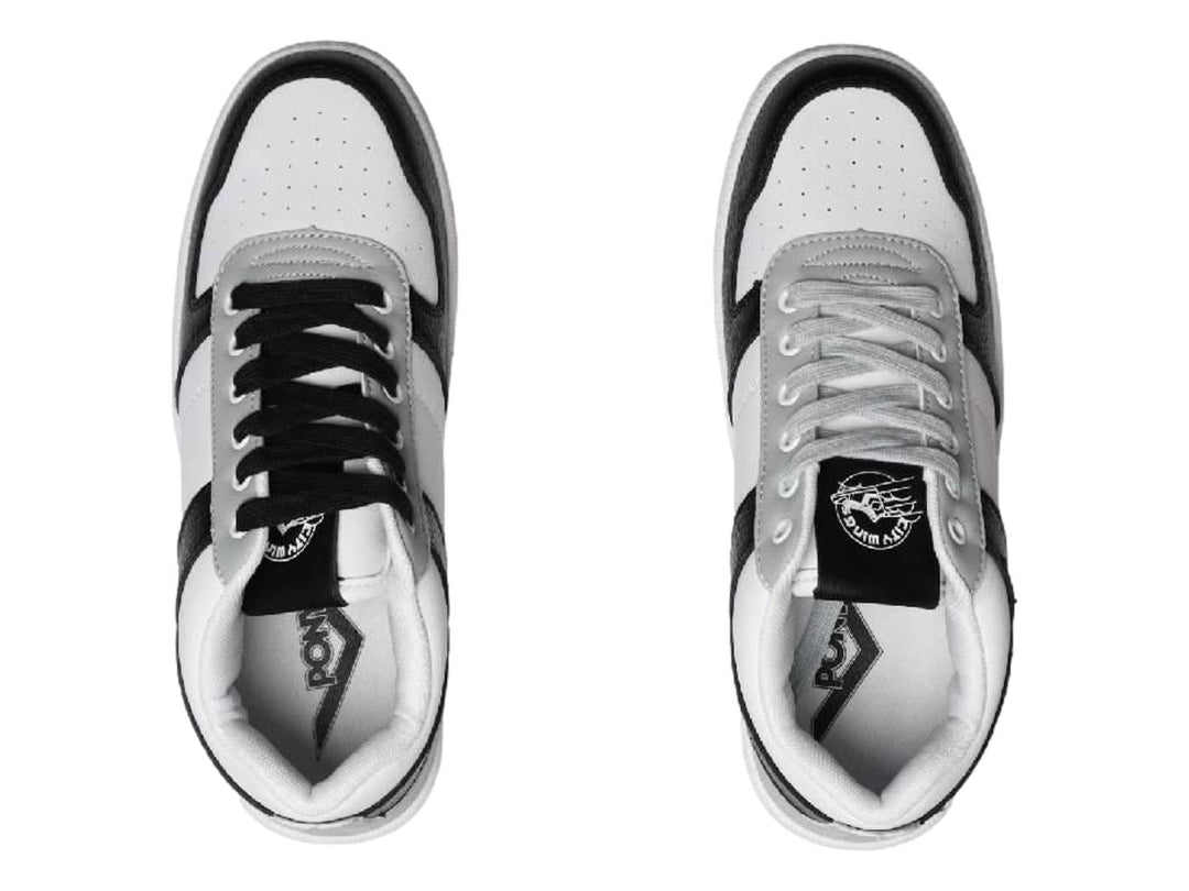 Tenis PONY City Wings en colores blanco, negro y gris con suela blanca y cordones negros.