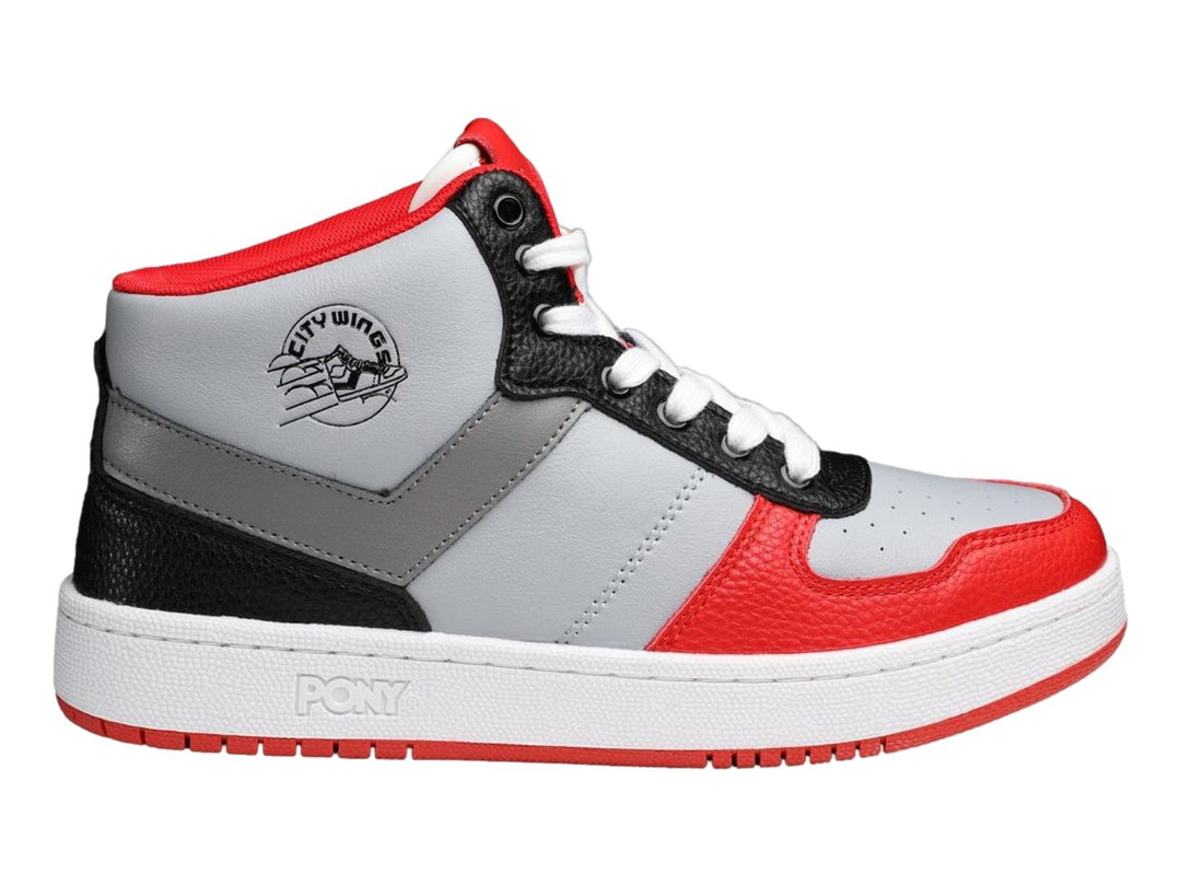 Tenis PONY City Wings Mid en colores gris, rojo y negro con suela blanca.