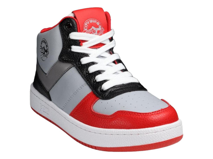 Tenis PONY City Wings Mid en colores gris, rojo y negro con suela blanca.