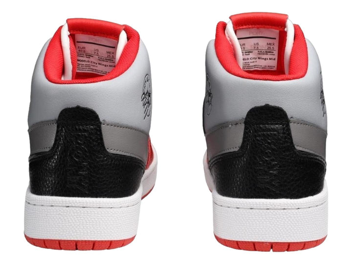 Tenis PONY City Wings Mid en colores gris, rojo y negro con suela blanca.