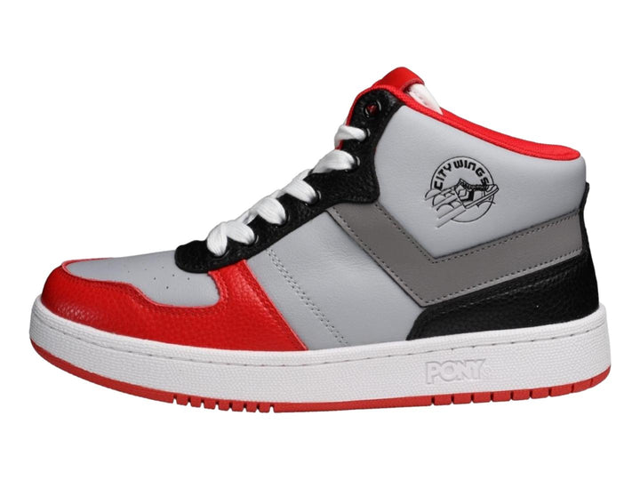 Tenis PONY City Wings Mid en colores gris, rojo y negro con suela blanca.