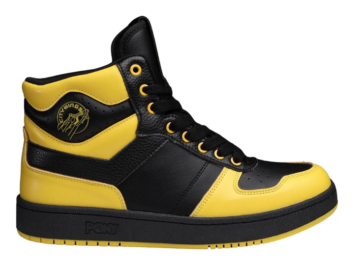 Tenis PONY de corte alto en colores amarillo y negro con suela negra.